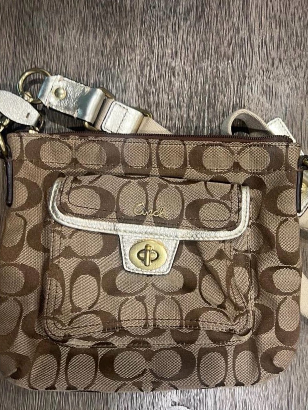 Coach Brown Signature Canvas Crossbody with Metallic Trim